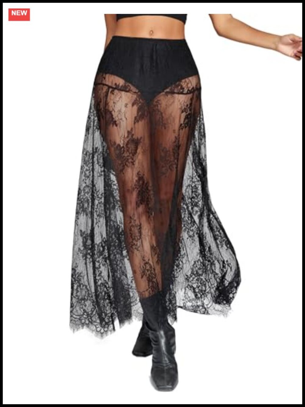 Sheer Lace Maxi Skirt High Waist A-Line Flowy Mesh See Through